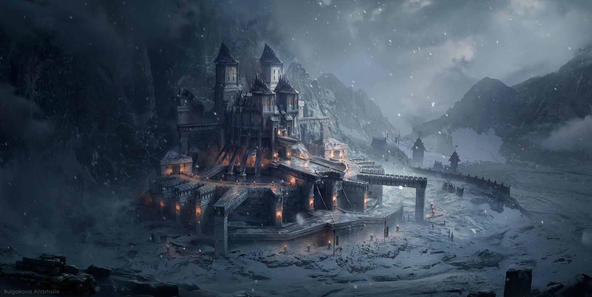 A fortress in the snow at dusk