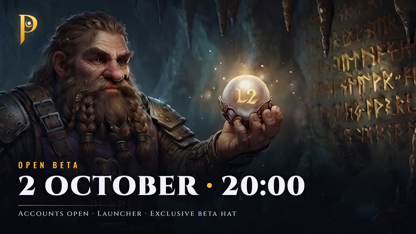 The L2Pearl dwarf holding the glowing pearl, with the Open Beta date: 2 October, 20:00