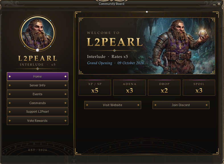 The L2Pearl Community Board home page in game: the dwarf, the rates and links to the website and Discord